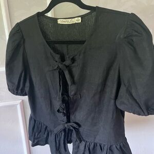 Black Tie-front Puff Sleeve Top